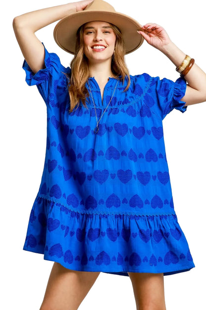 Umgee Heart Pattern Short Sleeve Ruffle Babydoll Dress