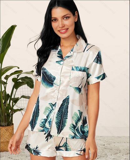 Satin Print Pajama Shorts Set - Button-Up Short Sleeve Sleepwear
