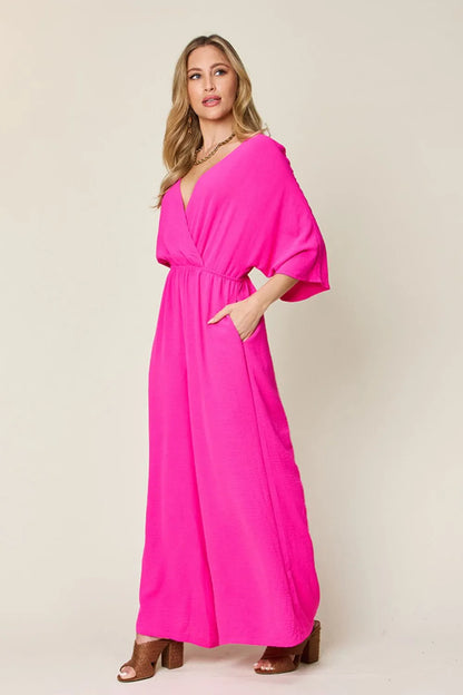 Full Size Surplice Wide Leg Jumpsuit with Pockets