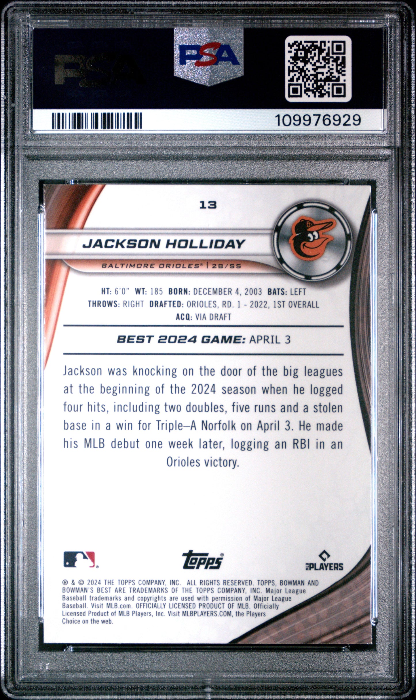Graded 2024 Topps Bowmans Best Jackson Holliday #13 Rookie RC Baseball Card PSA 9 Mint