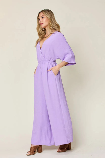 Full Size Surplice Wide Leg Jumpsuit with Pockets