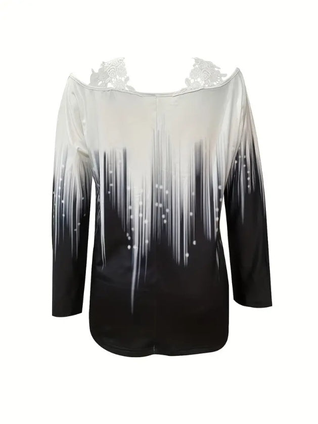 Black White Gradient Lace Off Shoulder Top - Long Sleeve