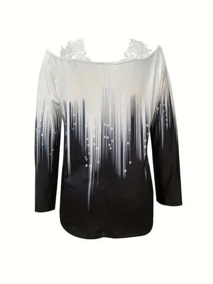 Black White Gradient Lace Off Shoulder Top - Long Sleeve