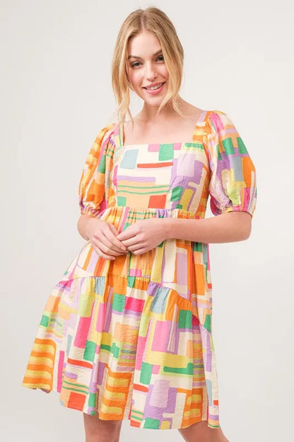 And The Why Square Neck Puff Sleeve Geo Printed Mini Dress