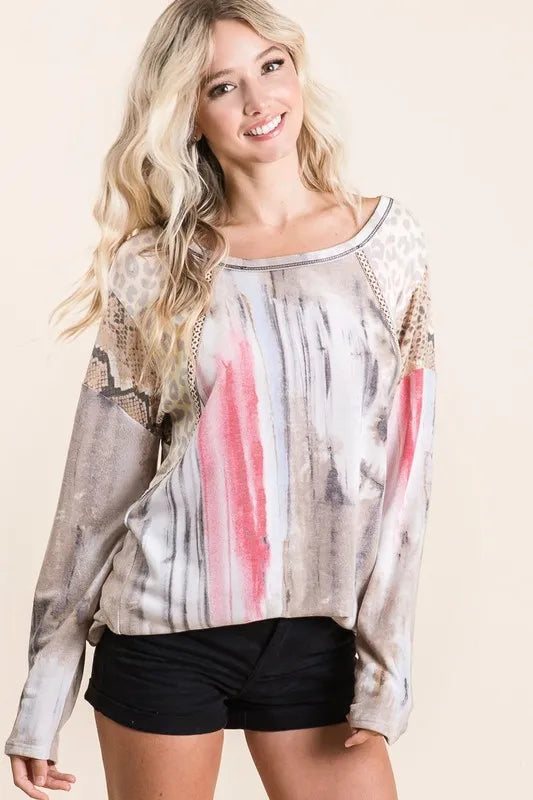 BiBi Tie Dye Knit Top with Print Block Shoulder