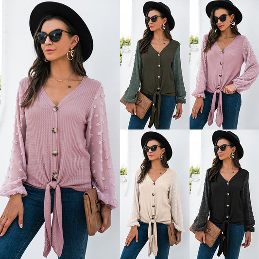 Sweet Texture – Tie-Front Puff Sleeve Button Blouse