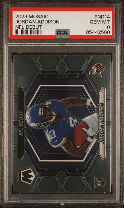Graded 2023 Panini Mosaic Jordan Addison #ND14 NFL Debut Rookie RC Football Card PSA 10 Gem Mint