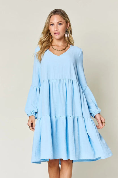 Full-Size V-Neck Balloon Sleeve Tiered Dress with Pockets