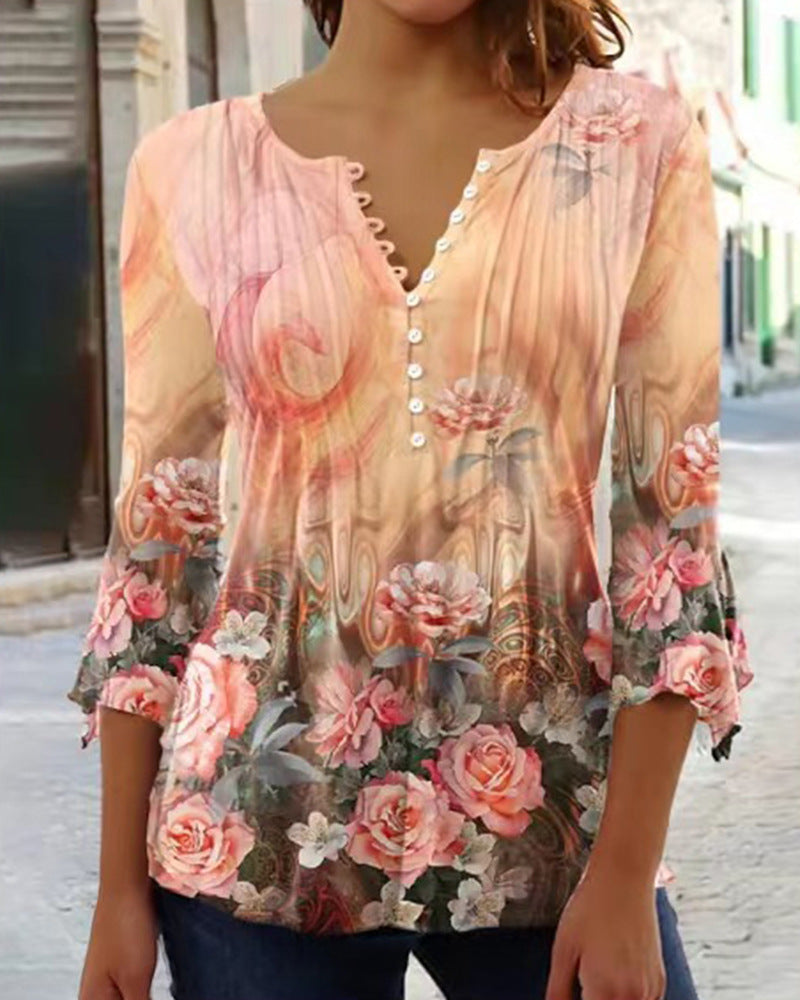Floral V-Neck Pleated Top - 3/4 Sleeve Button Front Blouse
