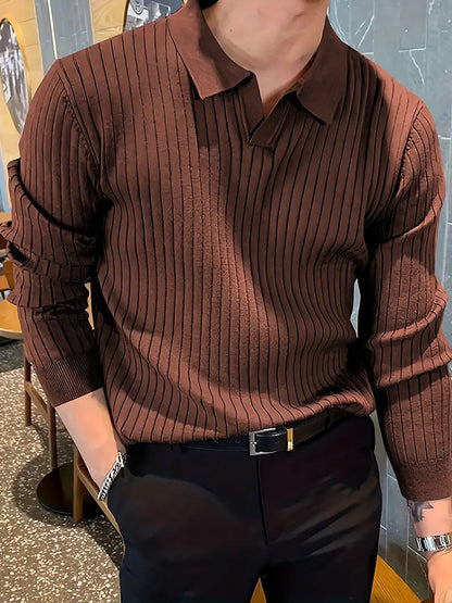 Textured Long Sleeve Polo Shirt - Slim Fit Ribbed Knit Polyester