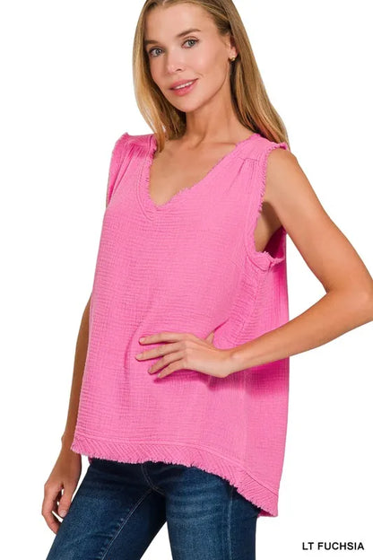 Zenana Double Gauze Raw Edge V-Neck Tank
