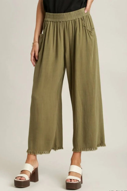 Umgee Full Size Linen Blend Elastic Waistband Wide Leg Pants Plus Size