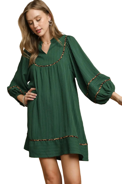 Textured Babydoll Dress with Leopard Trim