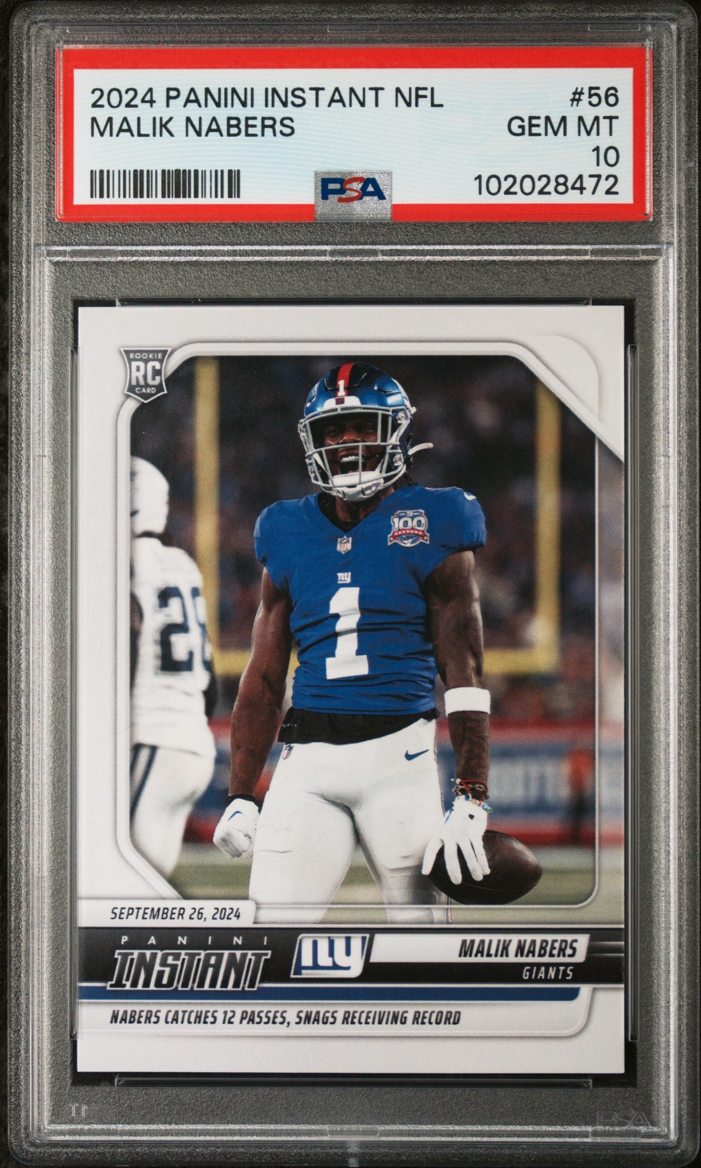 Graded 2024 Panini Instant NFL Malik Nabers #56 Rookie RC Football Card PSA 10 Gem Mint
