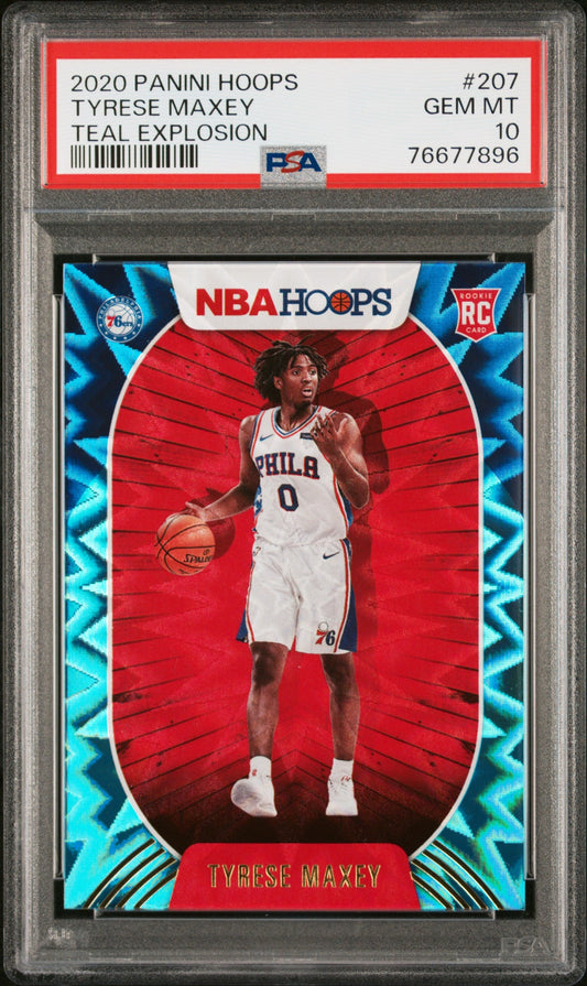 Graded 2020 Panini Hoops Tyrese Maxey #207 Teal Explosion Rookie RC Basketball Card PSA 10 Gem Mint