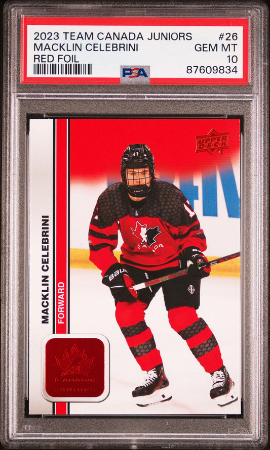 Graded 2023 Upper Deck Team Canada Juniors Macklin Celebrini #26 Red Foil Rookie RC Hockey Card PSA 10 Gem Mint