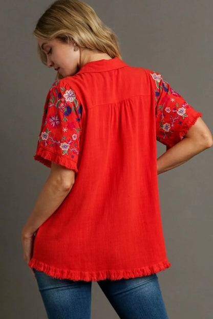 Umgee Full Size Linen Shirt with Embroidered Sleeves Plus Size