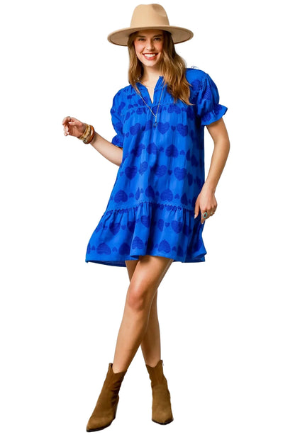Umgee Heart Pattern Short Sleeve Ruffle Babydoll Dress