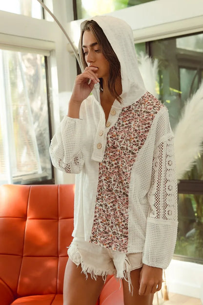 Garden Naked Slob Jersey with Lace Combo Buttoned Hoodie Top