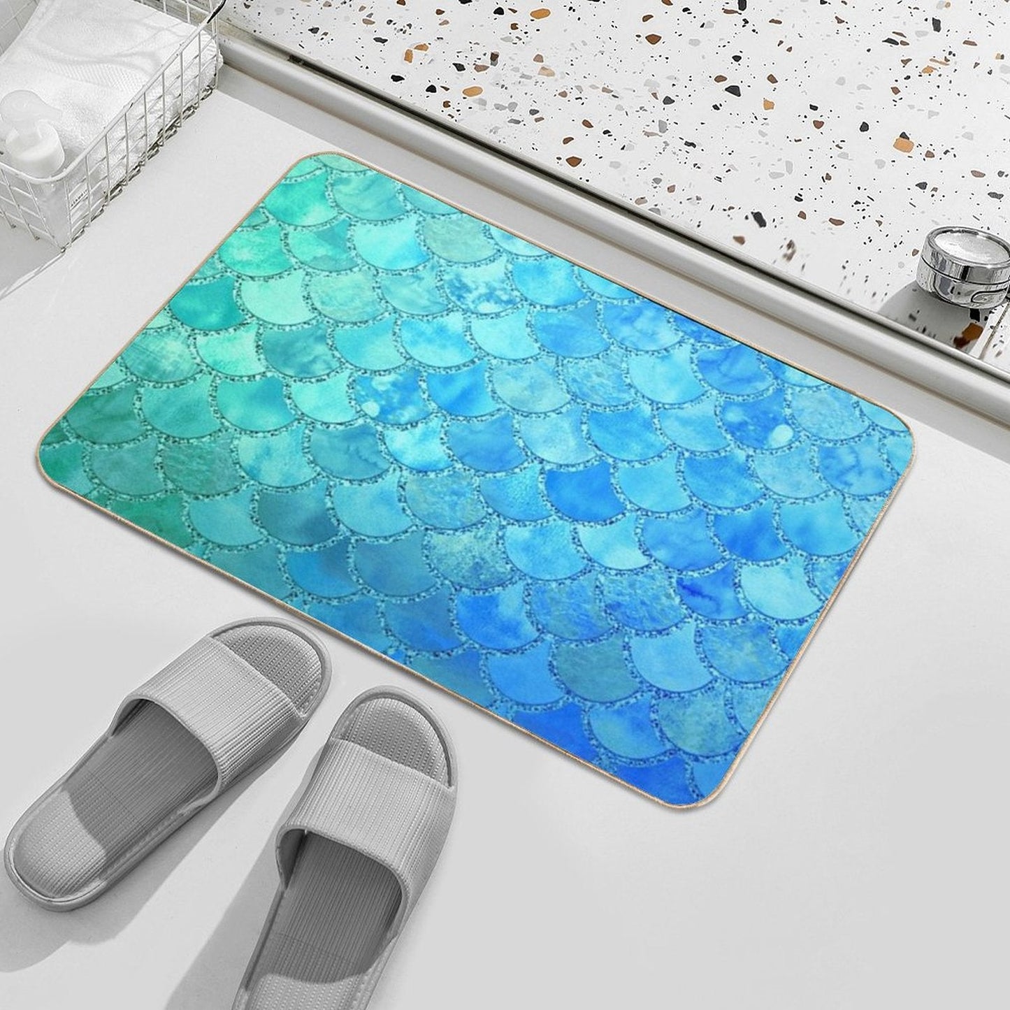 Turquoise Green And BLue Watercolor Mermaid Scales Bath Mat