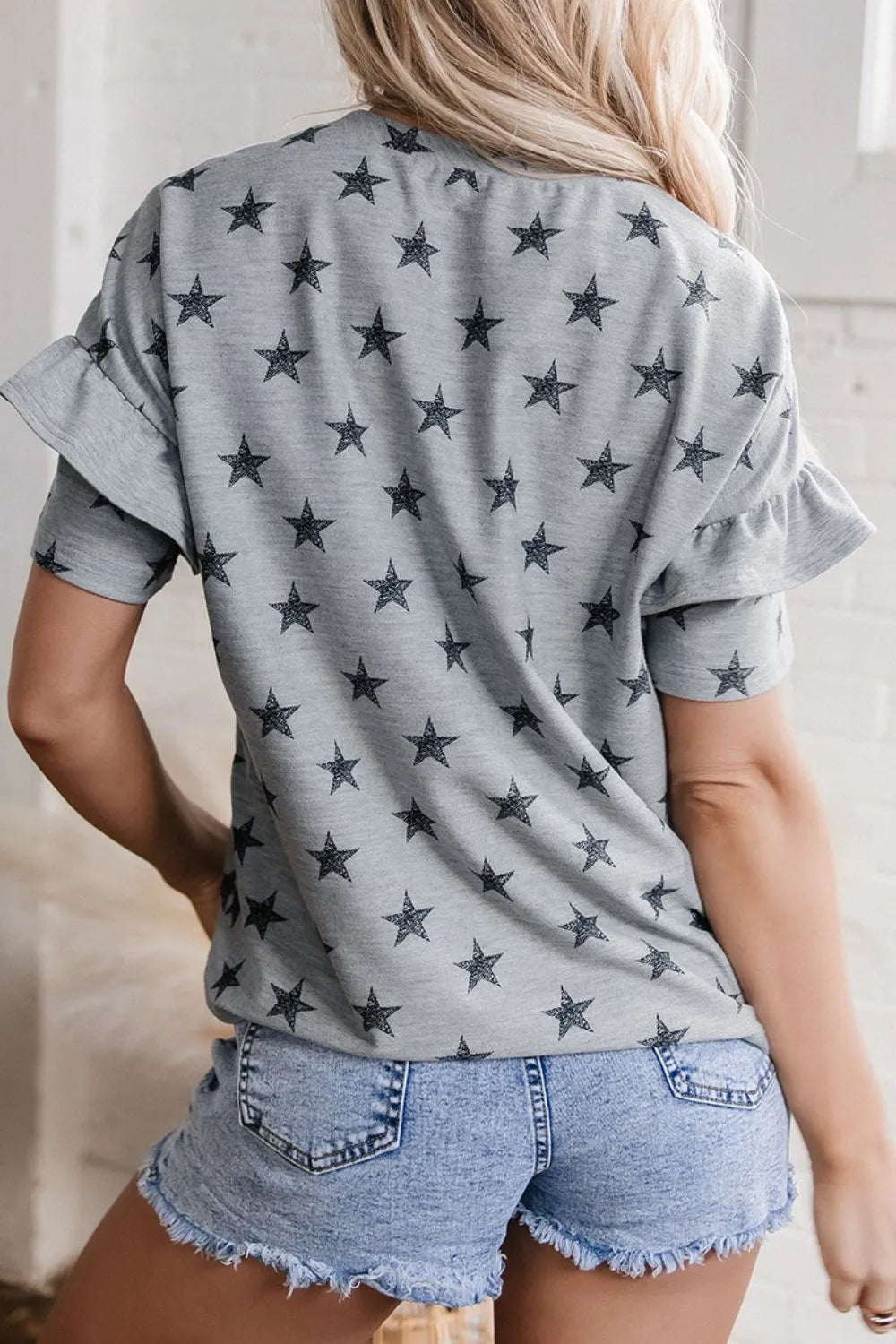 Star Print Tiered Ruffled Sleeve Crew Neck T Shirt