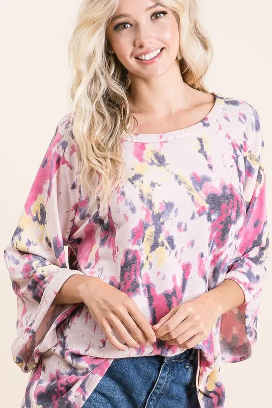 BiBi Tie Dye Print Terry A Line Top with Bell Sleeves