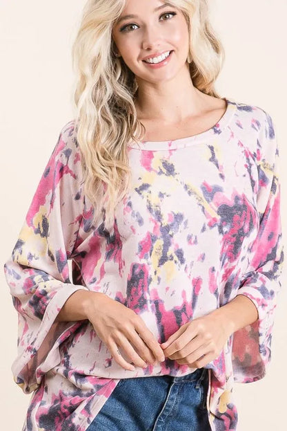 BiBi Tie Dye Print Terry A Line Top with Bell Sleeves