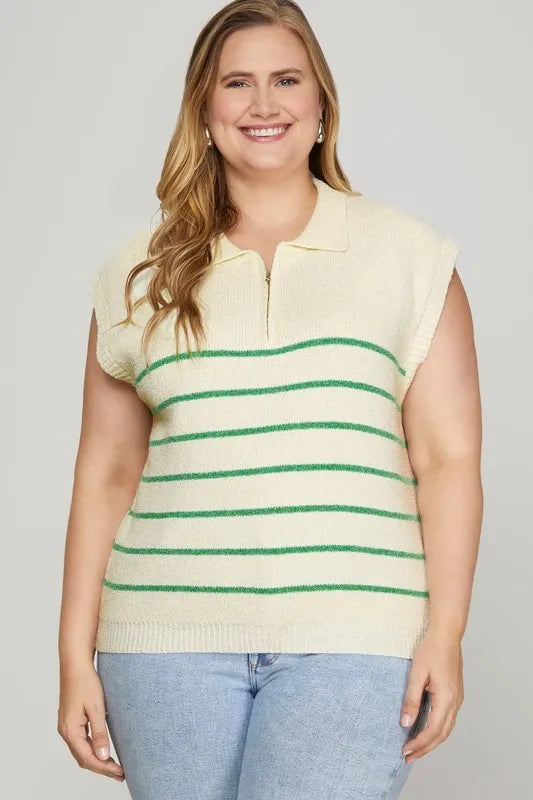 She + Sky Full Size Ribbed Hem Striped Half Zip Sweater Vest Plus Size