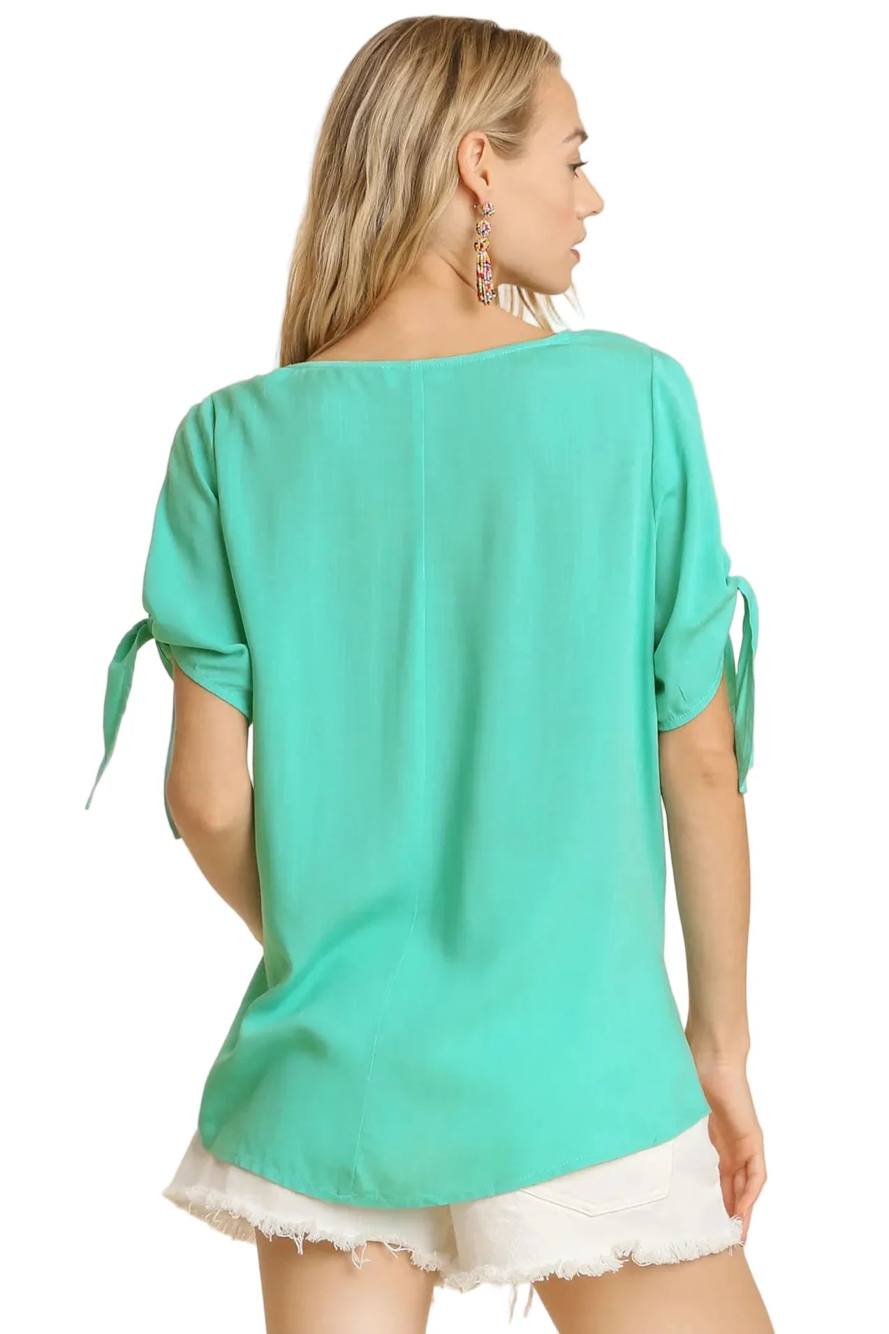Cold Shoulder Short Sleeve Round Neck Top with Side Slits and Tie-able Knot Details