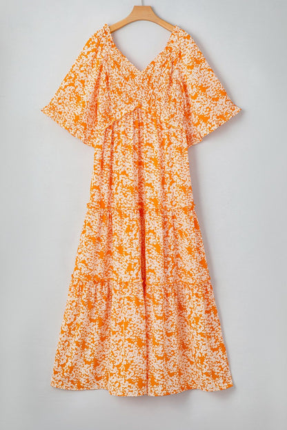 Floral Print Smocked V Neck Wide Sleeve Maxi Dress
