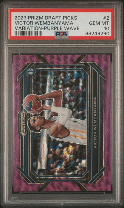 Graded 2023 Panini Prizm Draft Picks Victor Wembanyama #2 Variation Purple Wave Rookie RC Basketball Card PSA 10 Gem Mint