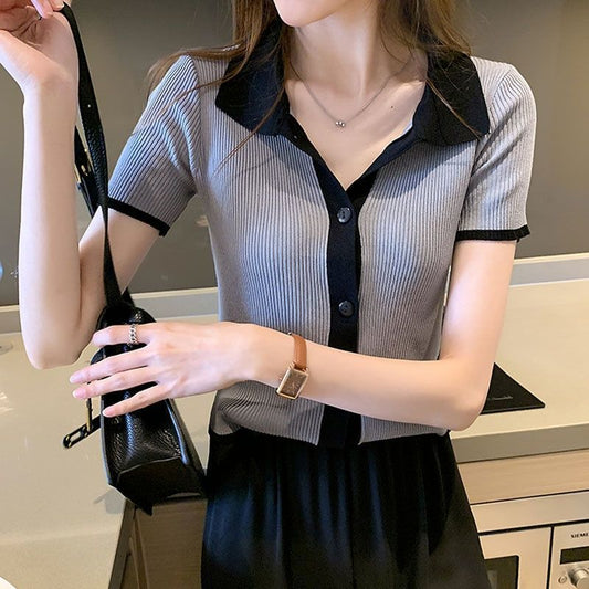 Ice Silk Contrast Collar Knit Top - Ribbed Short Sleeve Pullover