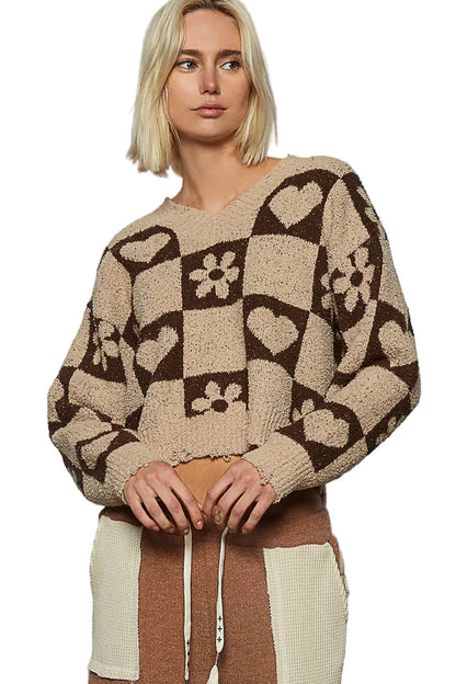 V-Neck Heart Pattern Checkered Sweater