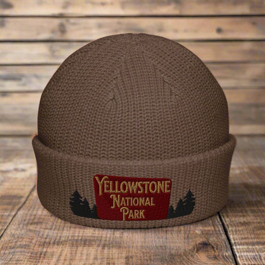 Yellowstone National Park Sign Embroidered Beanie Outdoorsy Fisherman Style