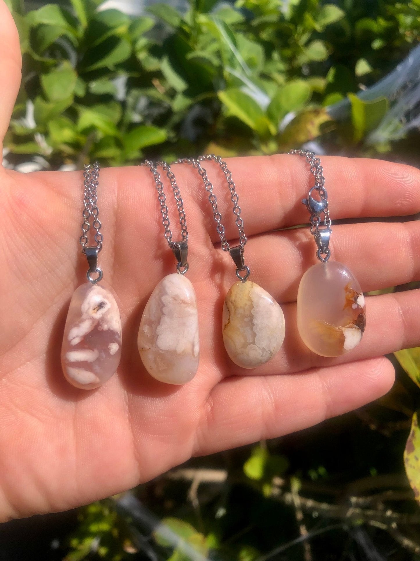 Flower Agate Crystal Pendant Necklace – Handmade, 1”