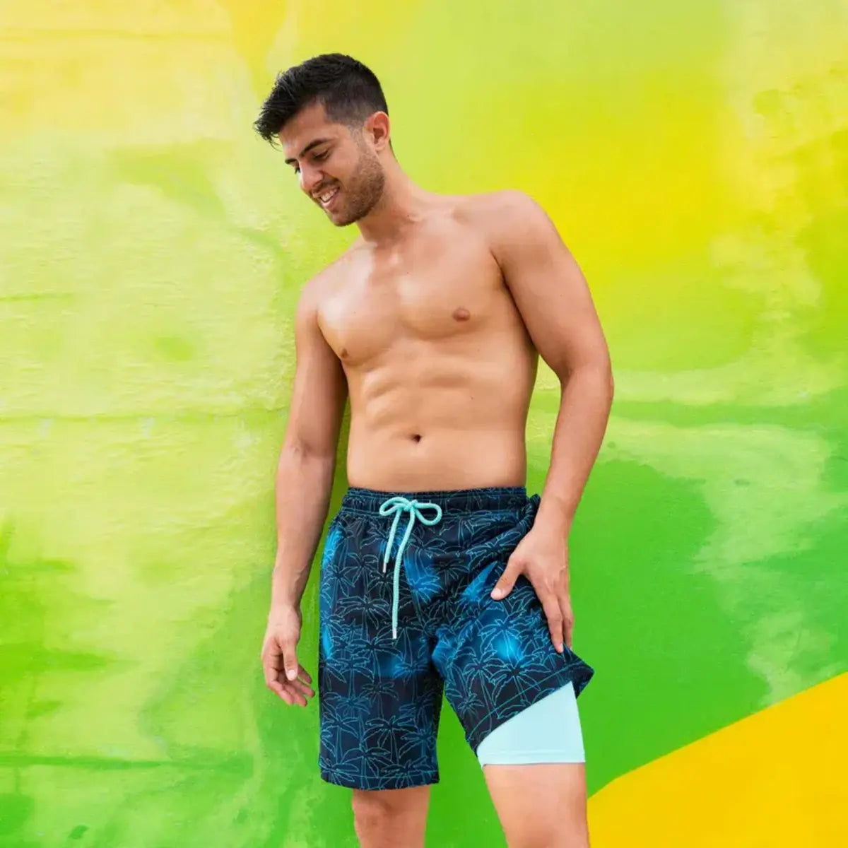 Foggy Palms Hybrid Short, Compression Lined Swim and Resort Trunk