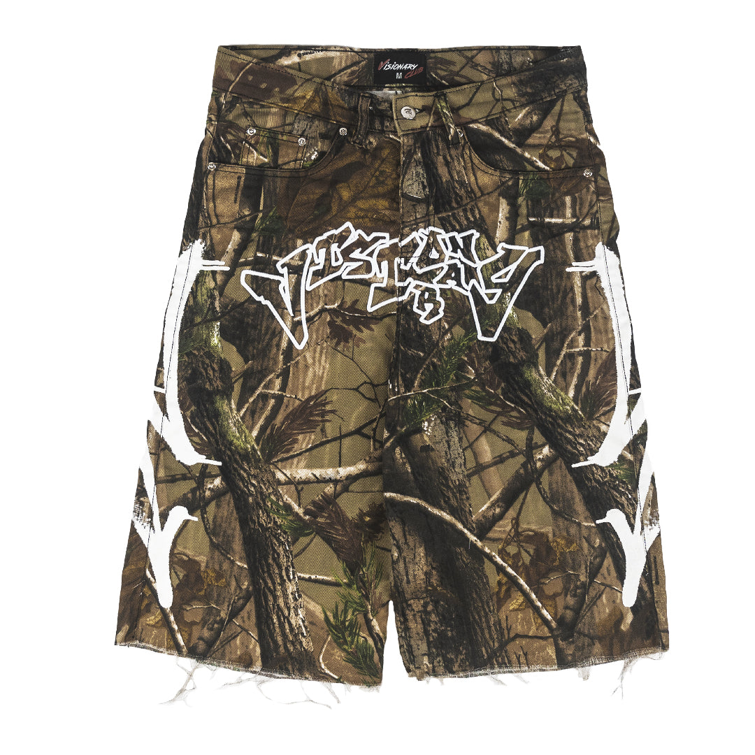 CAMO “GRAFFITI BLITZ” LONG STRAIGHT DENIM SHORTS