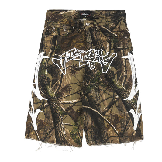 CAMO “GRAFFITI BLITZ” LONG STRAIGHT DENIM SHORTS