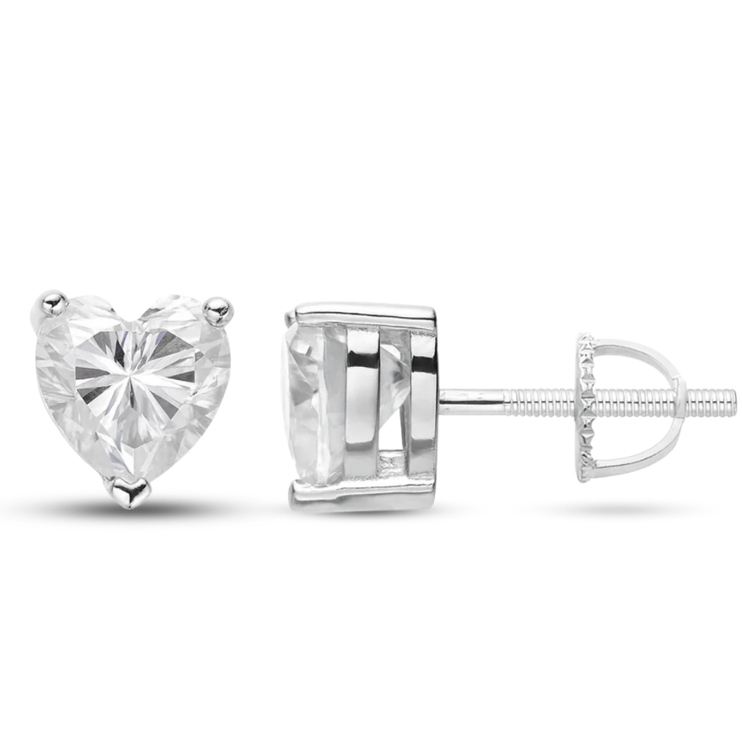 Moissanite Heart Stud Earrings 925 Sterling Silver Screw Back