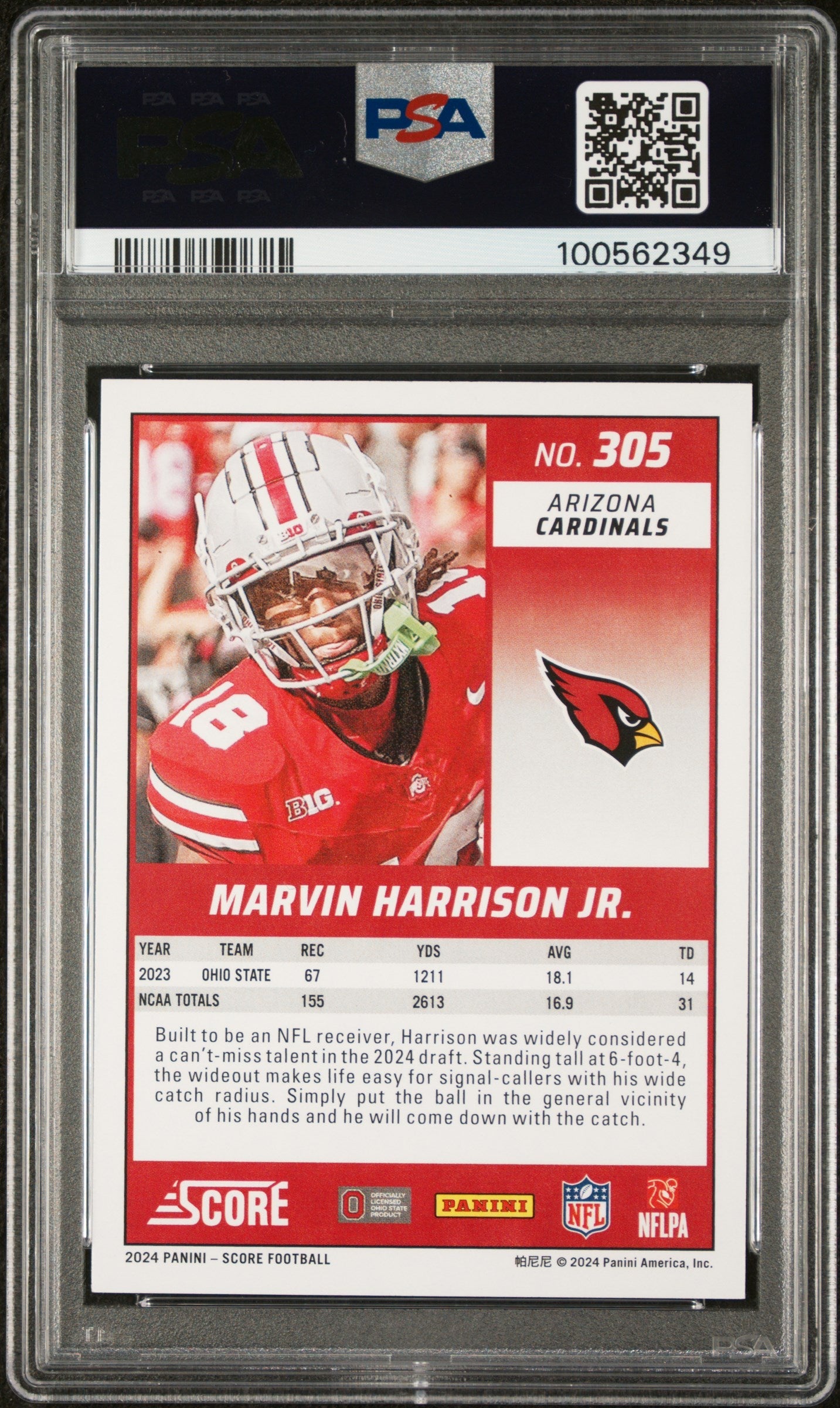 Graded 2024 Panini Score Marvin Harrison Jr #305 Rookie RC Football Card PSA 10 Gem Mint