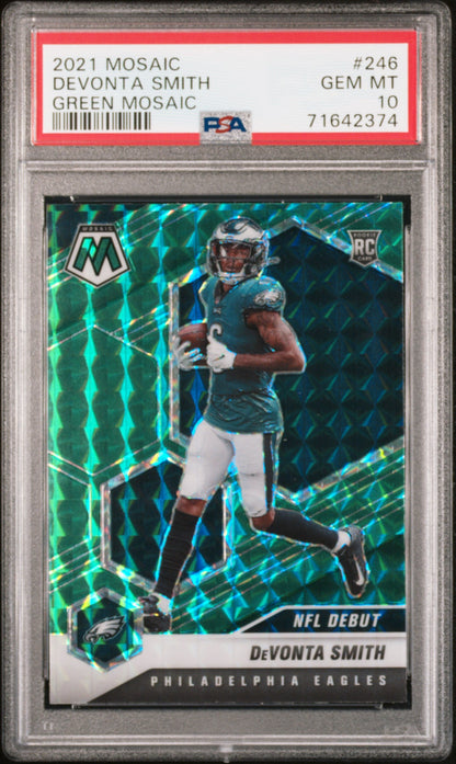 Graded 2021 Panini Mosaic DeVonta Smith #246 Green Mosaic Rookie RC Football Card PSA 10 Gem Mint