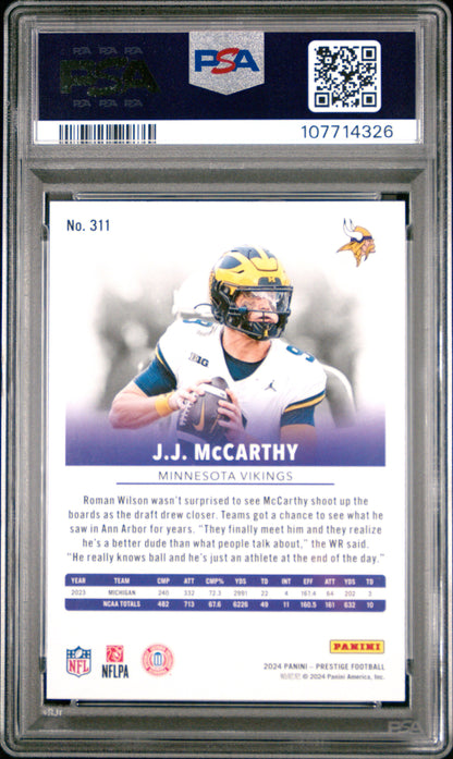 Graded 2024 Panini Prestige JJ McCarthy #311 Rookie RC Football Card PSA 10 Gem Mint