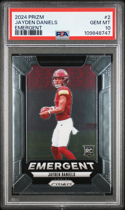 Graded 2024 Panini Prizm Jayden Daniels #2 Emergent Rookie RC Football Card PSA 10 Gem Mint