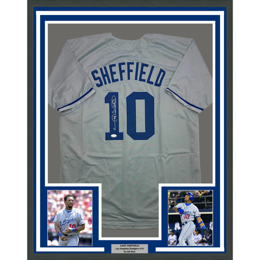 Framed Autographed/Signed Gary Sheffield 35x39 Los Angeles LA Grey Baseball Jersey JSA COA