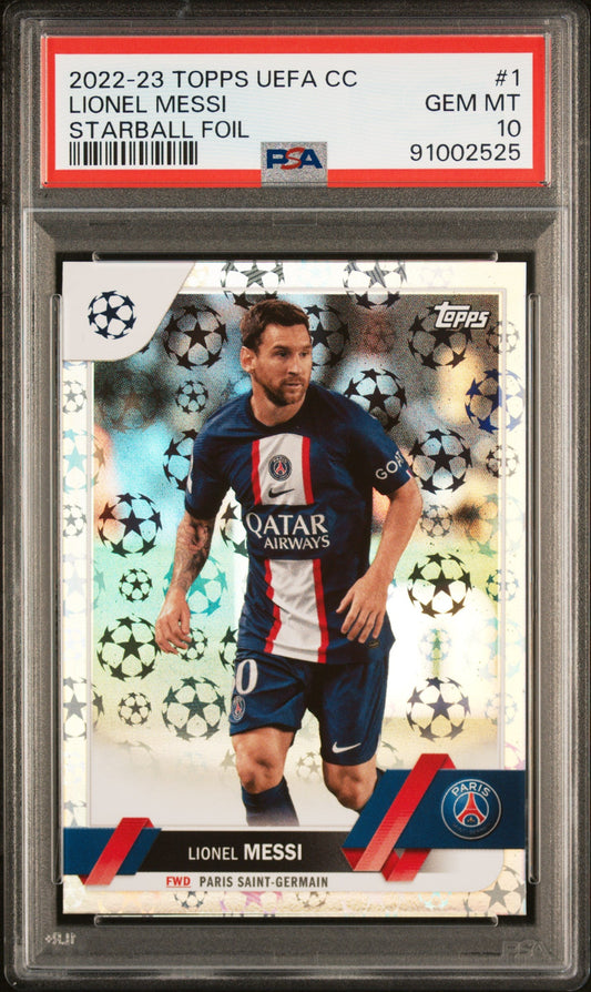 Graded 2022 Topps UEFA CC Lionel Messi #1 Starball Foil Soccer Card PSA 10 Gem Mint