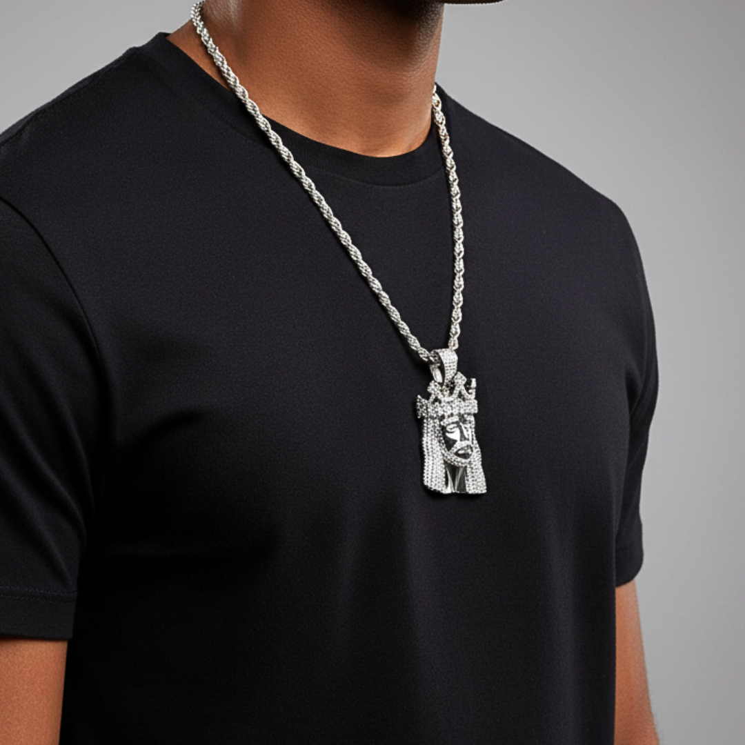 Moissanite Iced King Crown Jesus Head Piece Pendant - 925 Sterling Silver