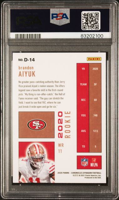 Graded 2020 Panini Chronicles Brandon Aiyuk #D14 Dynagon Rookies Rookie RC Football Card PSA 10 Gem Mint