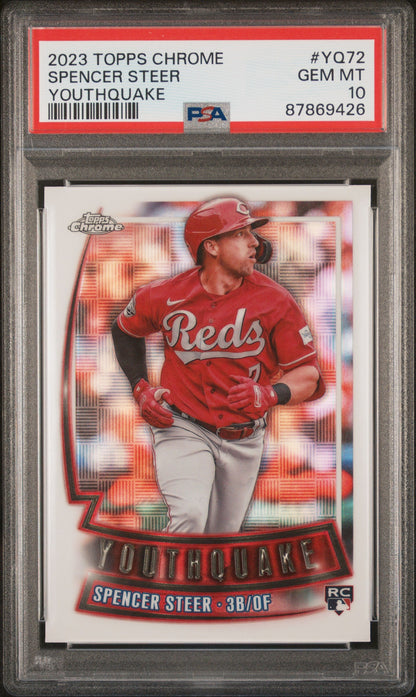 Graded 2023 Topps Chrome Spencer Steer #YQ72 Youthquake Rookie RC Baseball Card PSA 10 Gem Mint