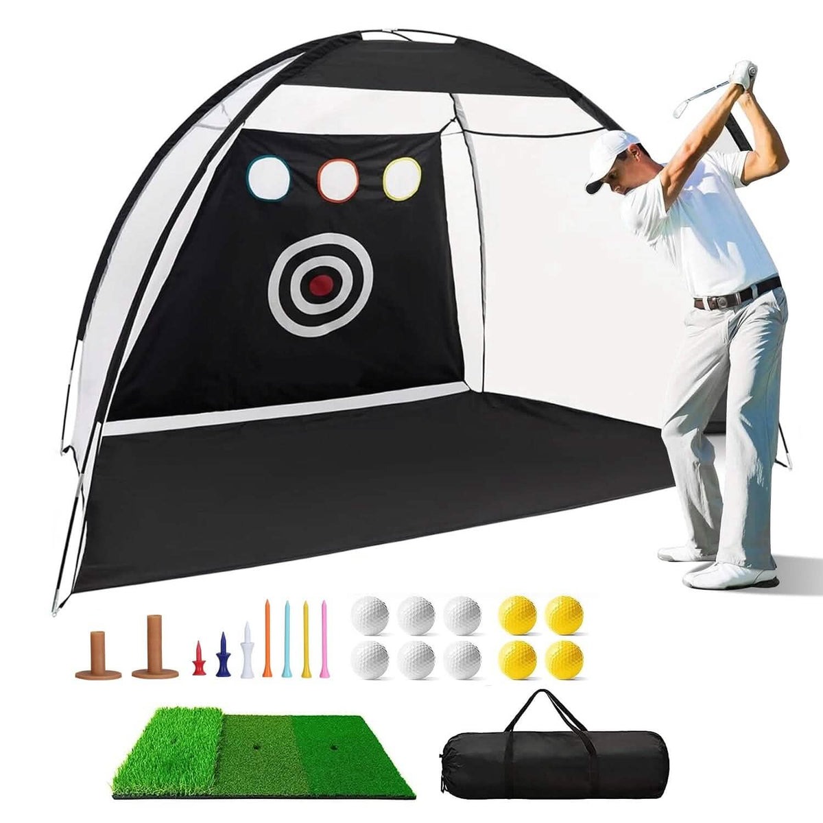 Golf Training Aids Driving Hitting Nets with Tri-Turf Golf Mat Target Cloth 10 Golf Balls 7 Golf Tees 2 Rubber Golf Tee Holders Carry Bag for Indoor Outdoor Sports