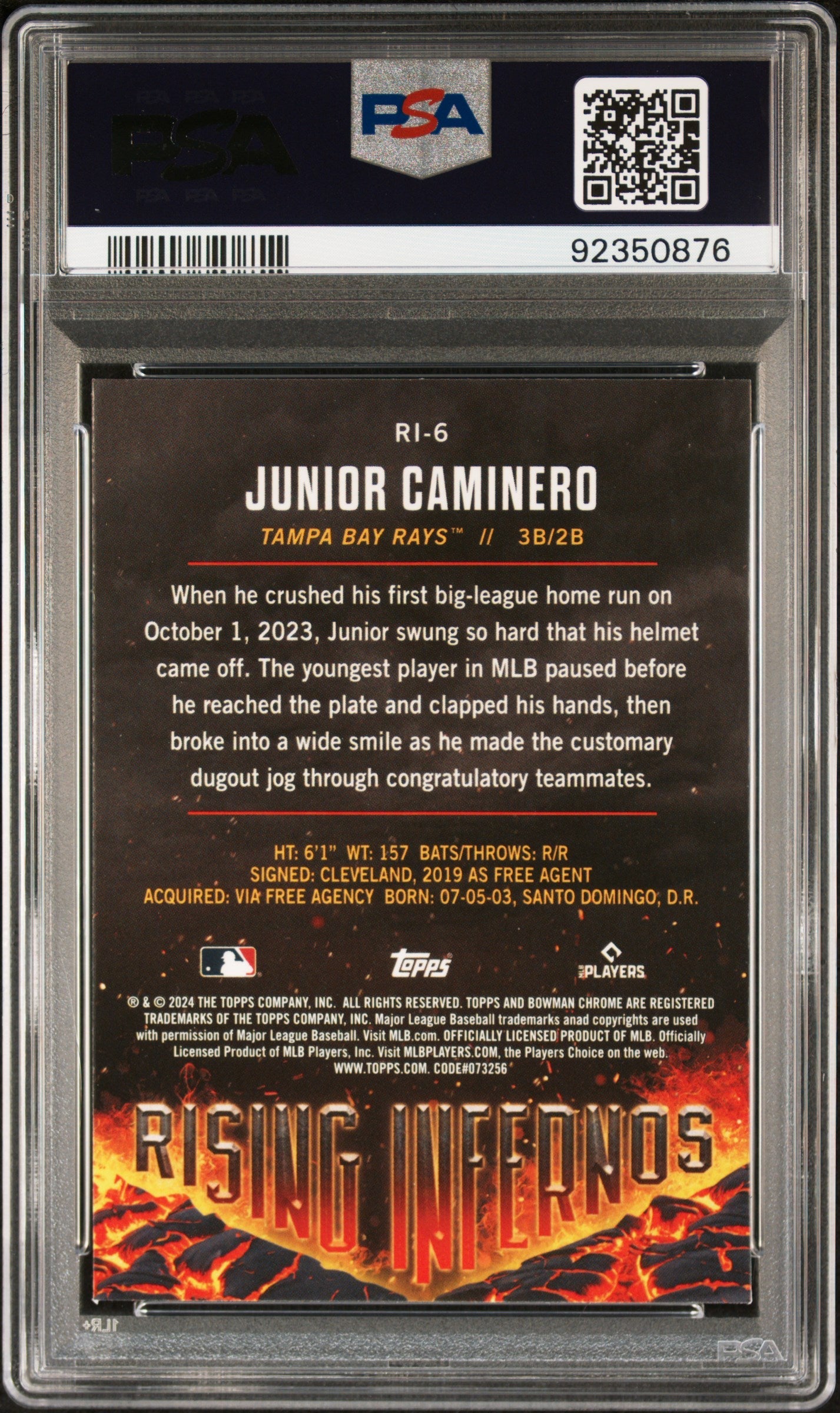 Graded 2024 Topps Bowman Junior Caminero #RI6 Rising Infernos Rookie RC Baseball Card PSA 10 Gem Mint